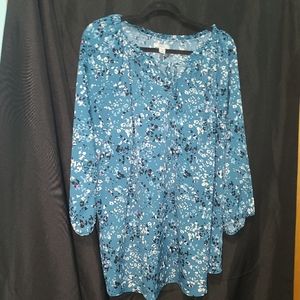 Croft and Barrow 2x Woman's plus long sleeve key hole tie Turquoise blue print